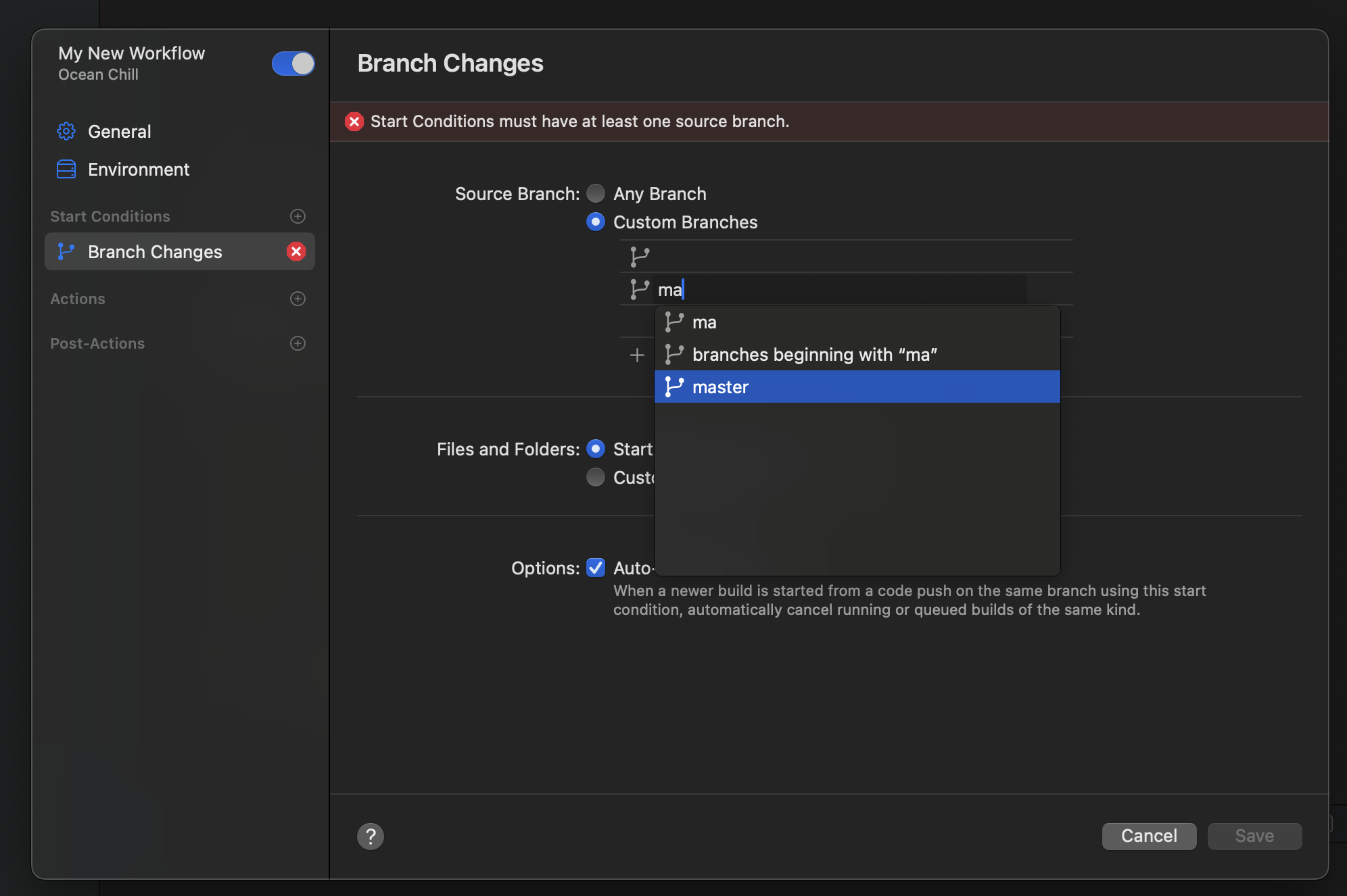 Workflow Custom Branch Start Condition